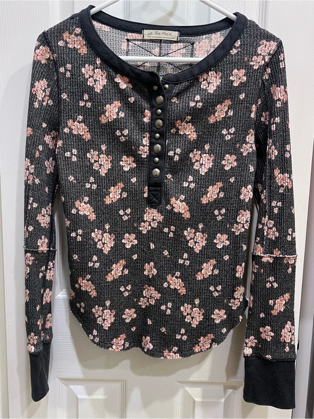 We The Free Black Long Sleeve Henley with Pink Floral Print